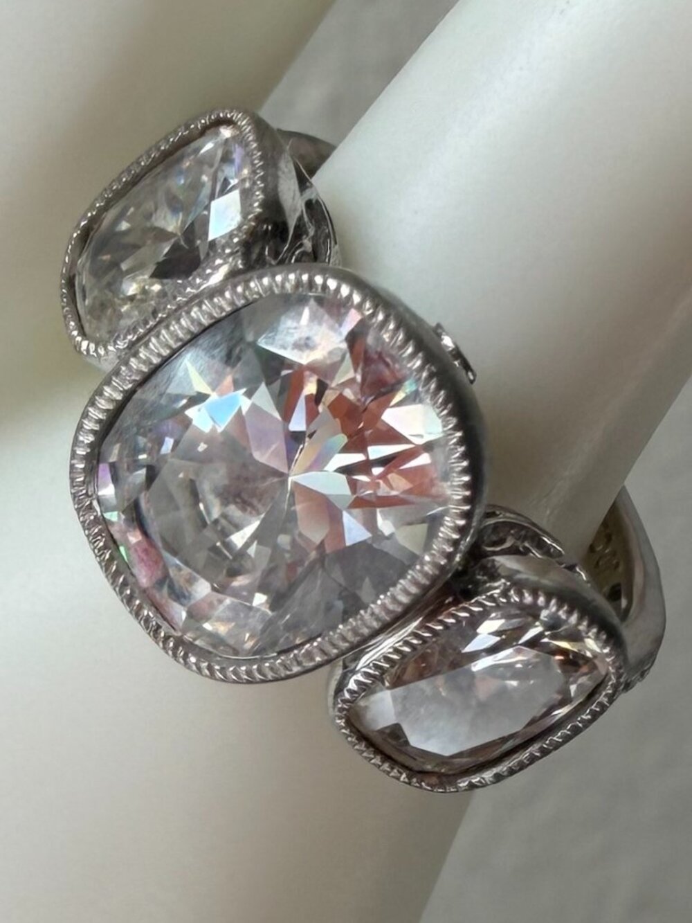 Vintage Jean Dousset Heirloom 925 CZ 3-Stone Mill-grain Cushion Cut Ring - Picture 5 of 17